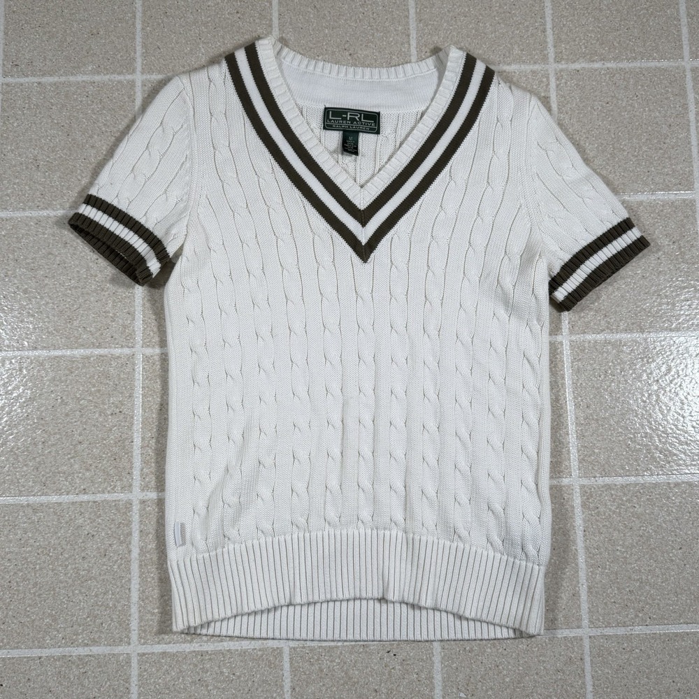Lauren Ralph Lauren White Cable Knit Short Sleeve Tennis Cricket Sweater Sz M